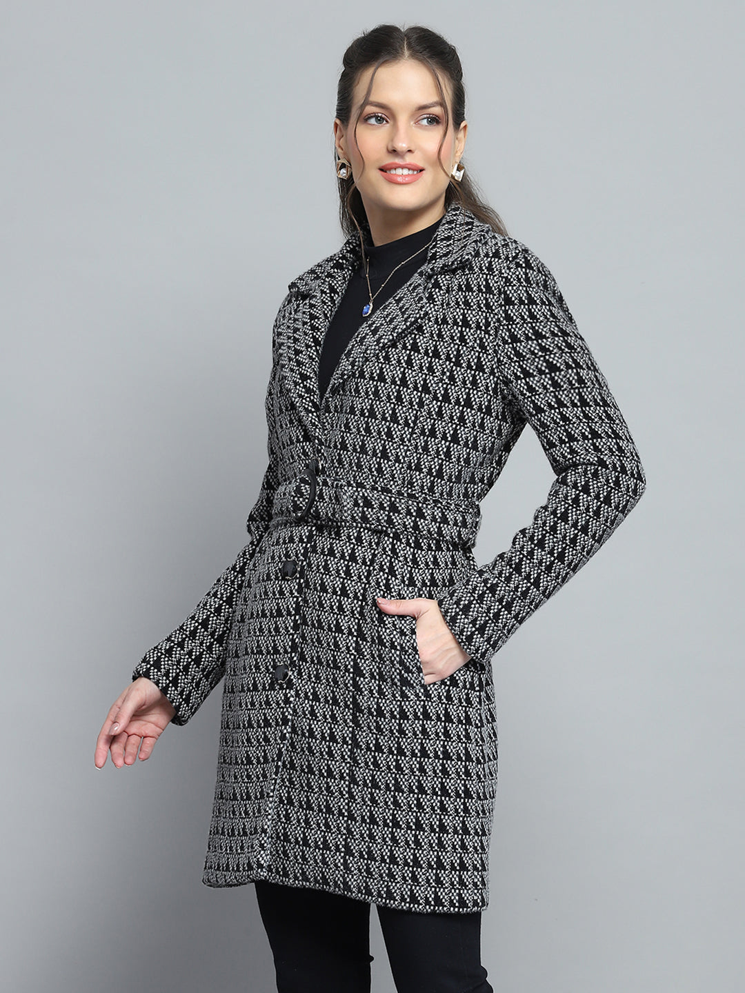 Women Black Self Design Notch Lapel Collar Full Sleeve Coat