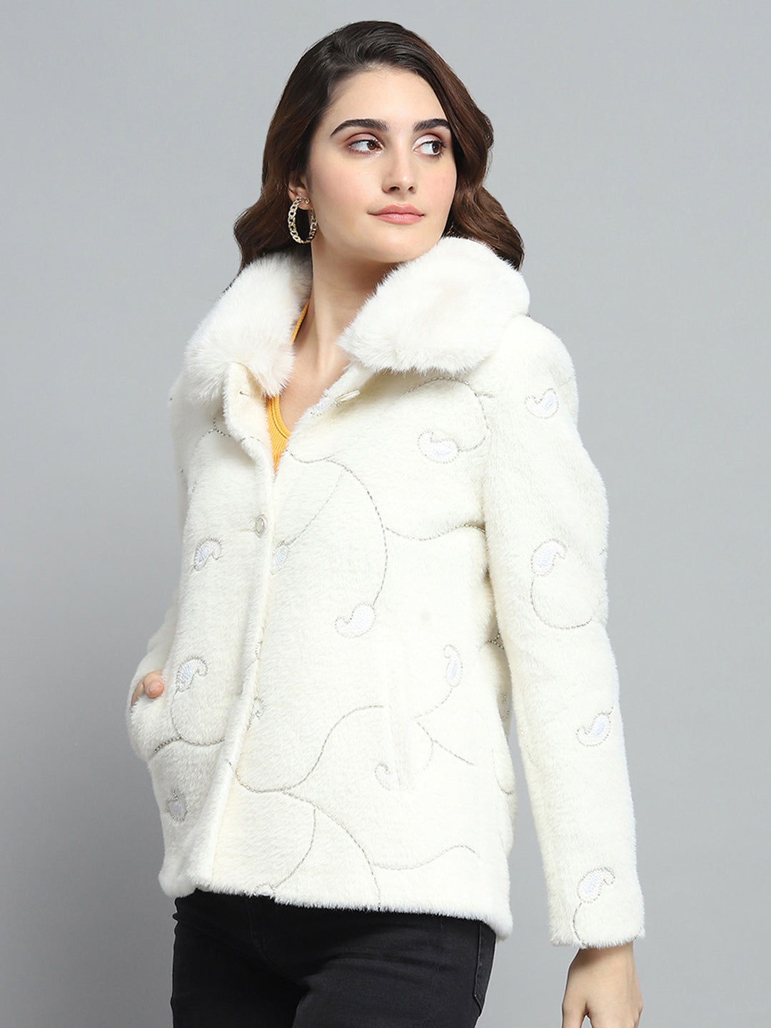 Women White Self Design Collar Full Sleeve Coat