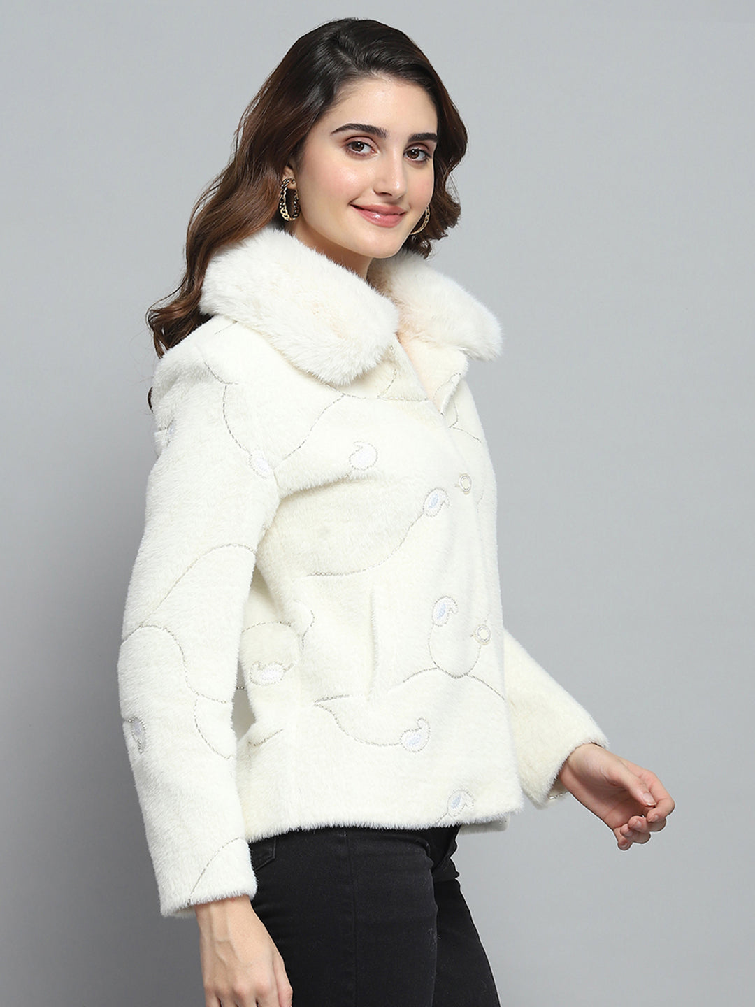 Women White Self Design Collar Full Sleeve Coat