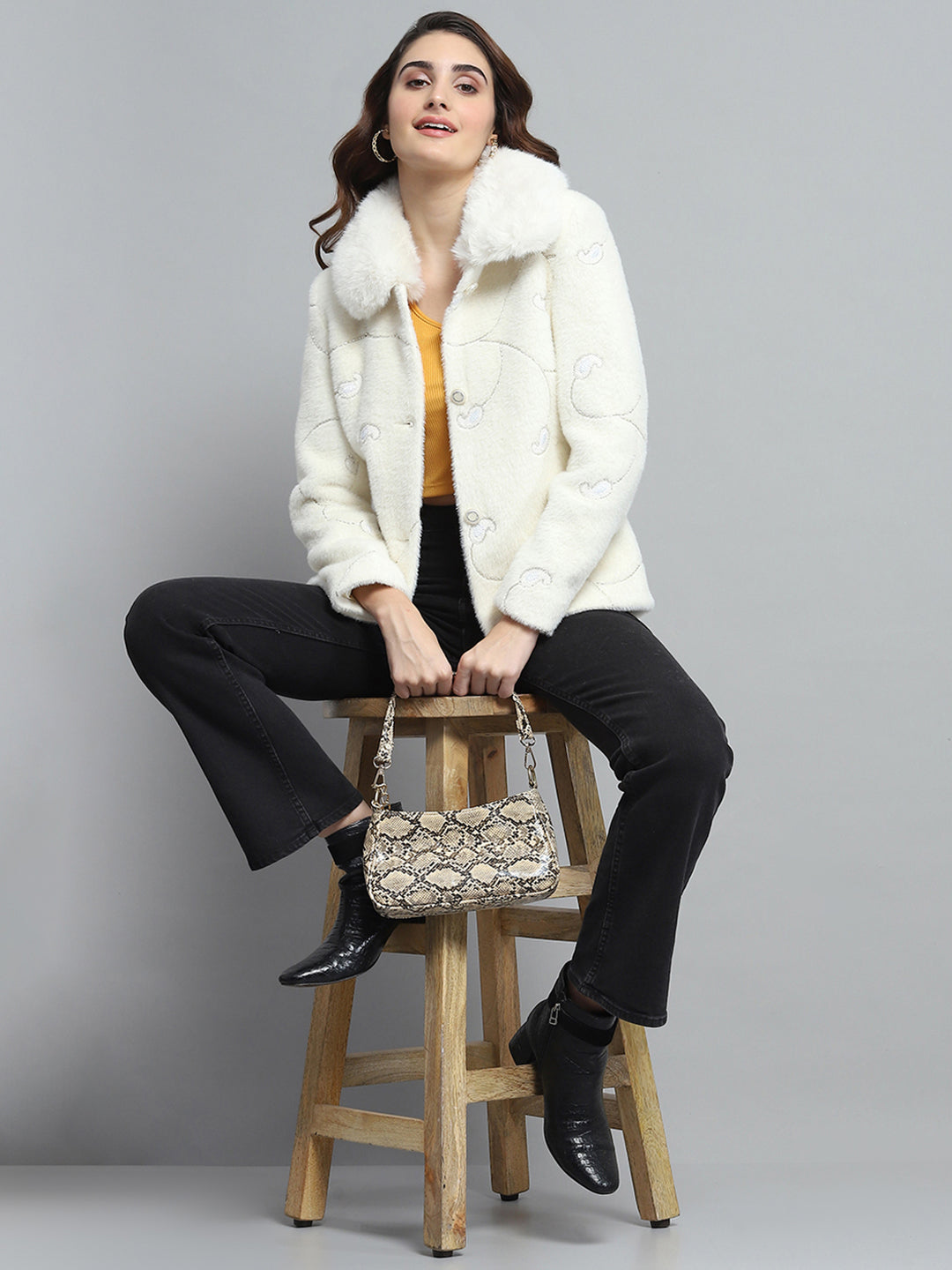 Women White Self Design Collar Full Sleeve Coat