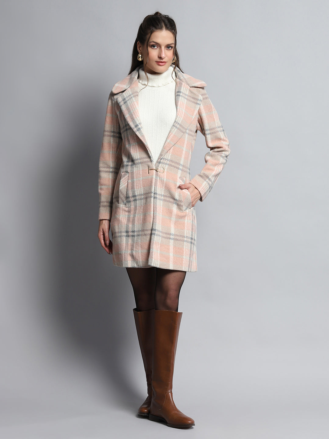 Women Coral Check Notch Lapel Collar Full Sleeve Coat