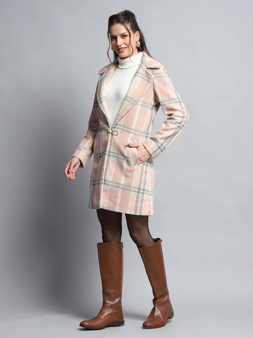 Women Coral Check Notch Lapel Collar Full Sleeve Coat