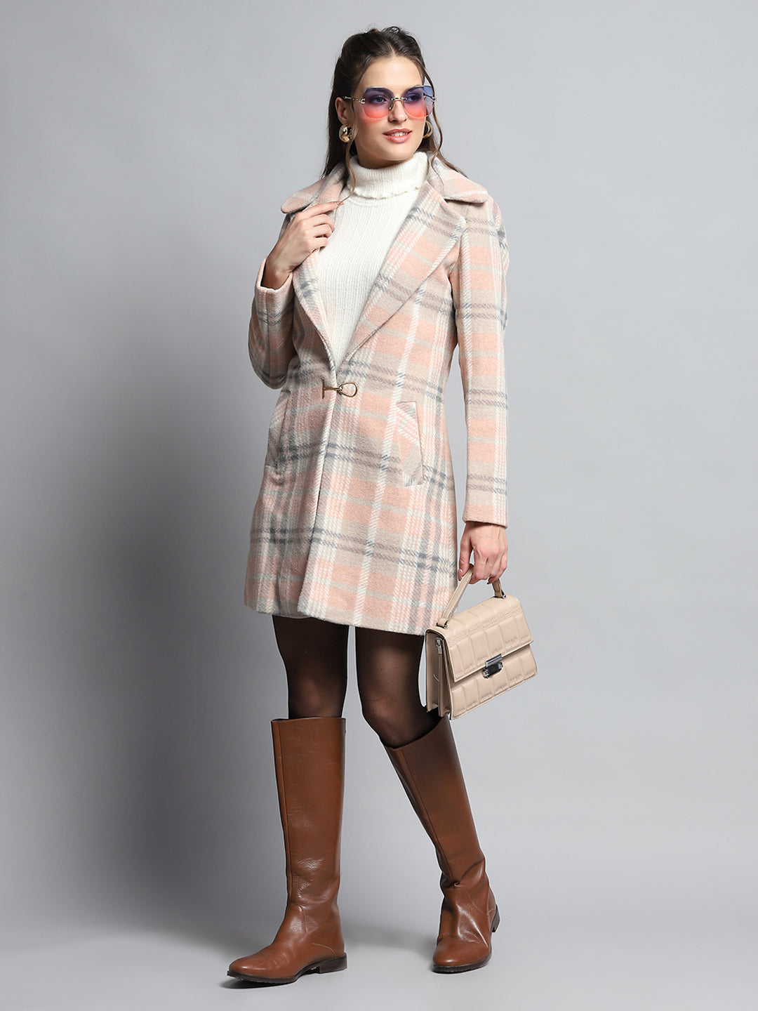 Women Coral Check Notch Lapel Collar Full Sleeve Coat