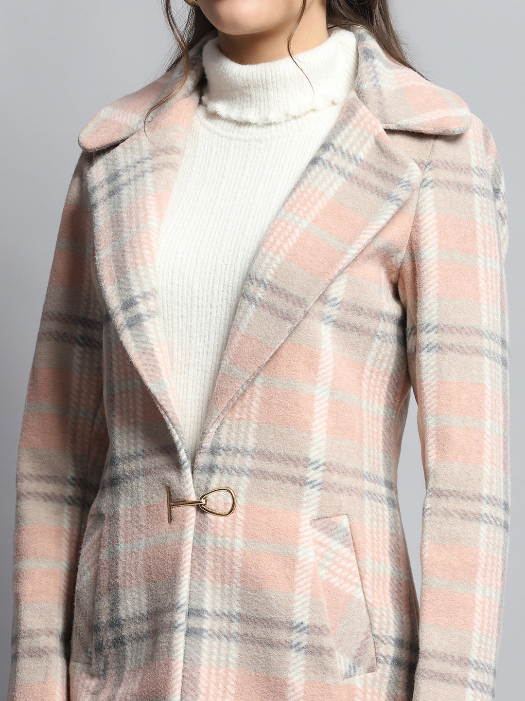 Women Coral Check Notch Lapel Collar Full Sleeve Coat