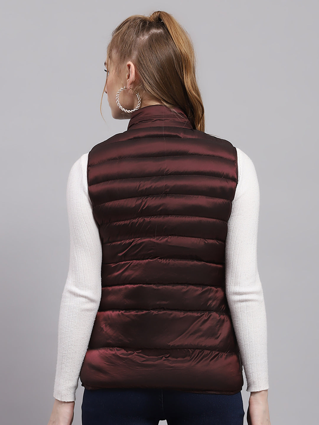 Women Maroon Self Design Collar Sleeveless Puffer Jacket