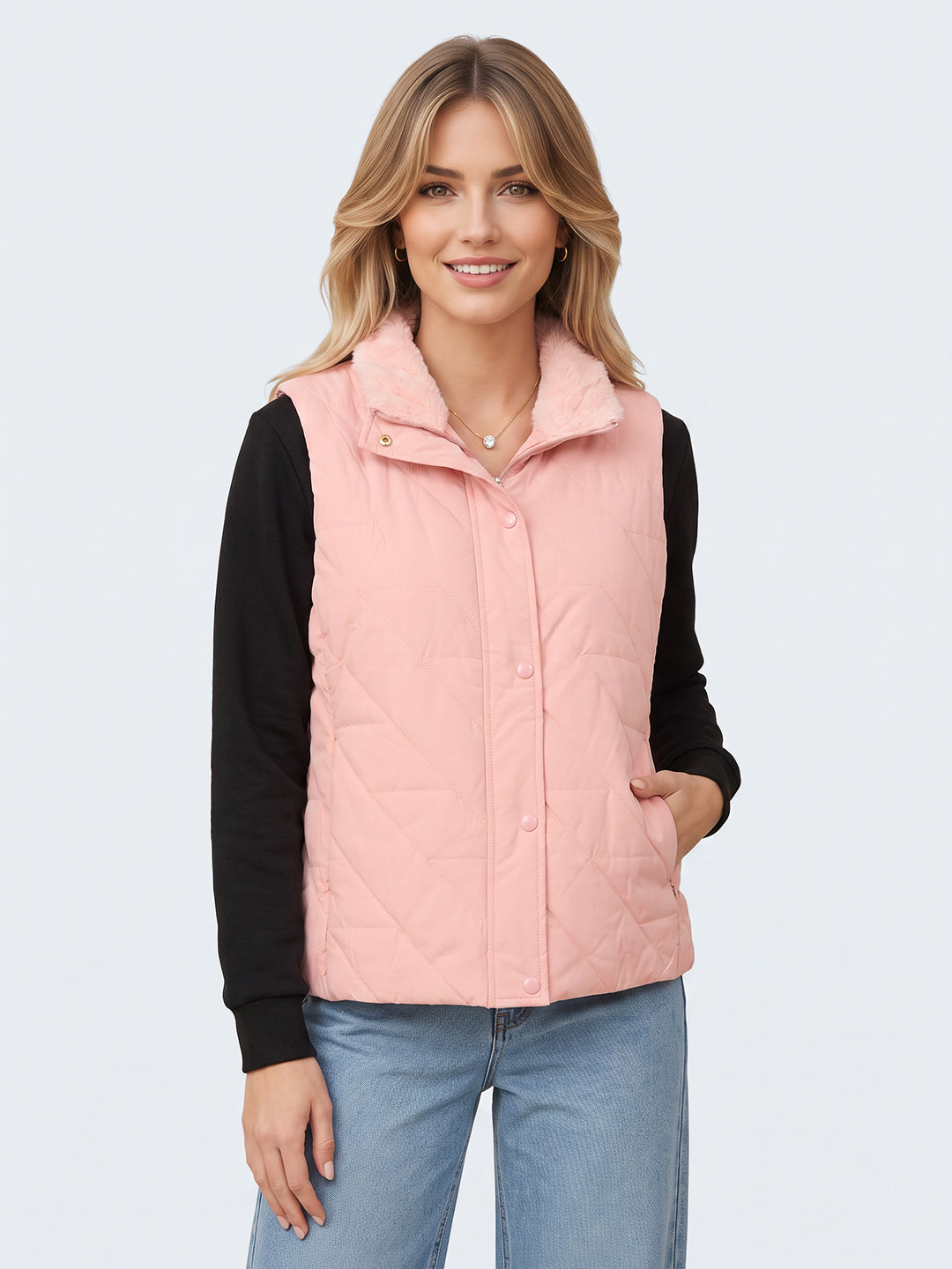 Women Pink Solid Collar Sleeveless Puffer Jacket