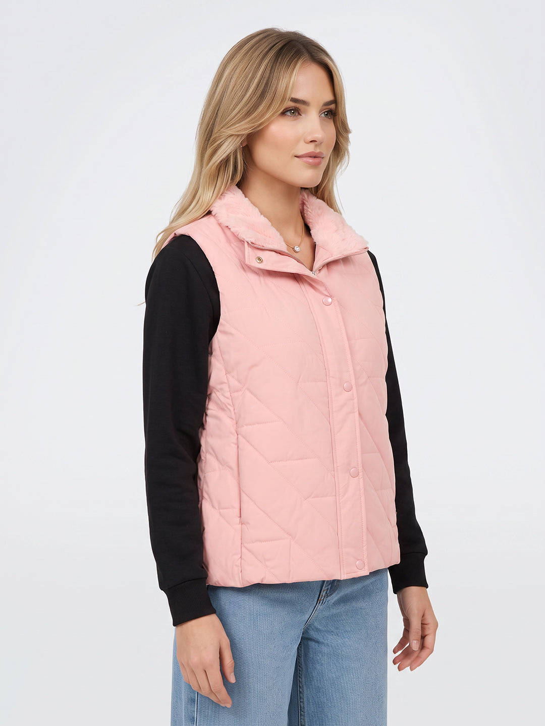 Women Pink Solid Collar Sleeveless Puffer Jacket