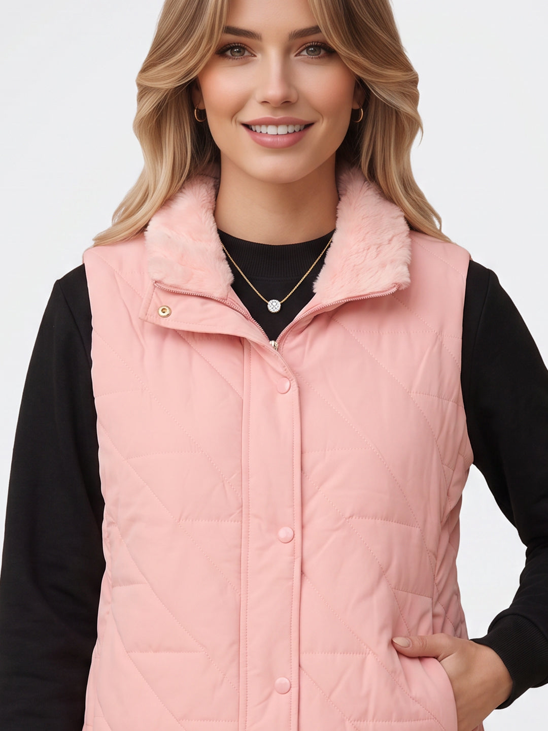 Women Pink Solid Collar Sleeveless Puffer Jacket