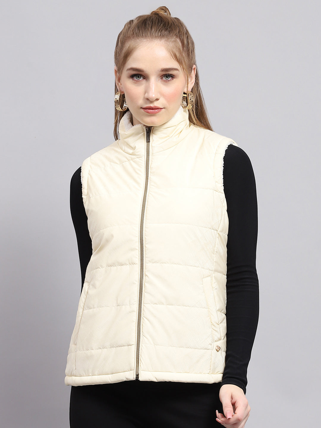 Buy Women Off White Solid Mock Neck Sleeveless Jacket Online in
