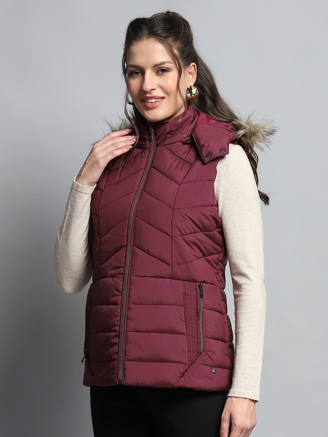 Women Maroon Solid Detachable Hood Sleeveless Jacket