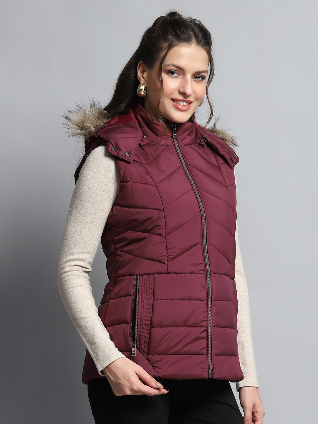 Women Maroon Solid Detachable Hood Sleeveless Jacket