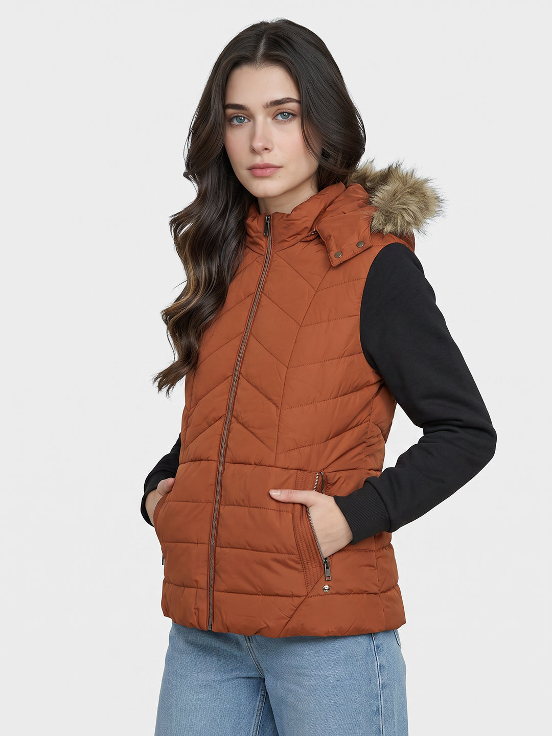 Women Rust Solid Detachable Hood Sleeveless Puffer Jacket