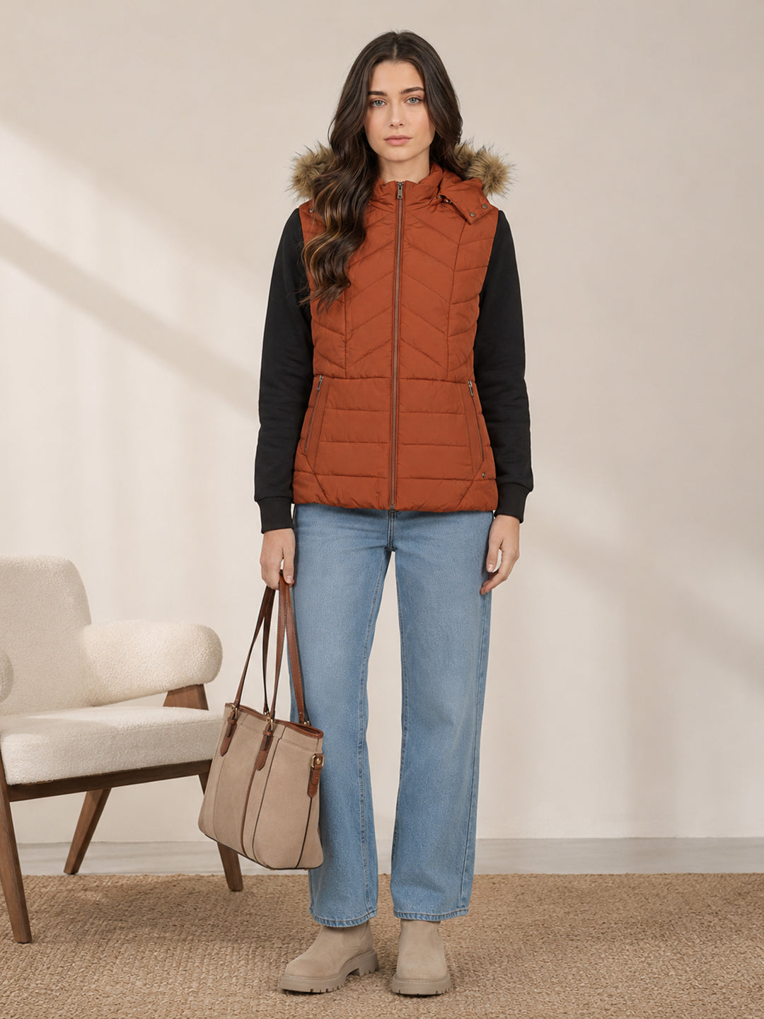 Women Rust Solid Detachable Hood Sleeveless Puffer Jacket