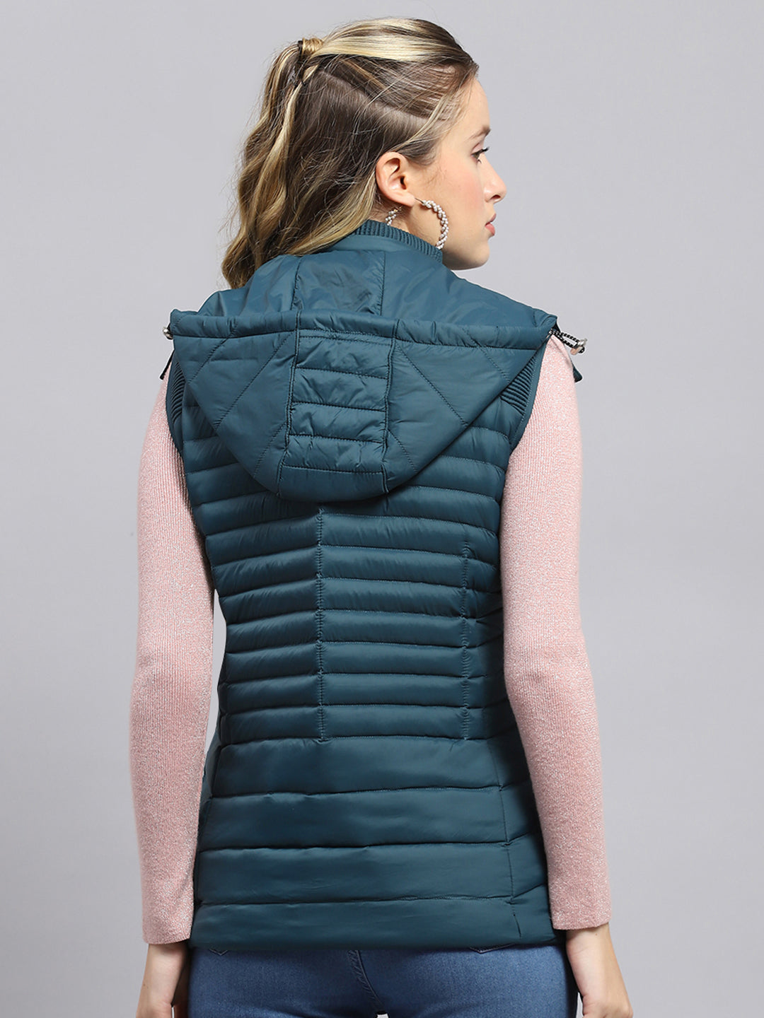 Women Teal Blue Solid Detachable Hood Sleeveless Jacket