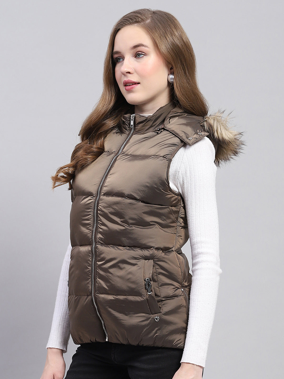 Women Brown Solid Detachable Hood Sleeveless Jacket