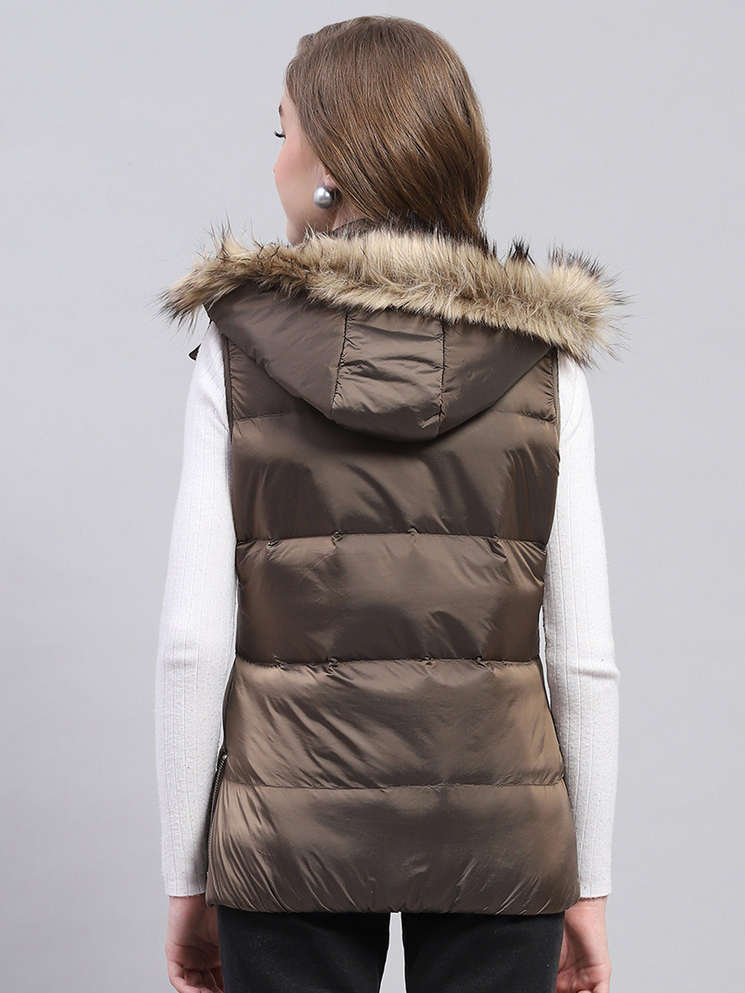 Women Brown Solid Detachable Hood Sleeveless Jacket