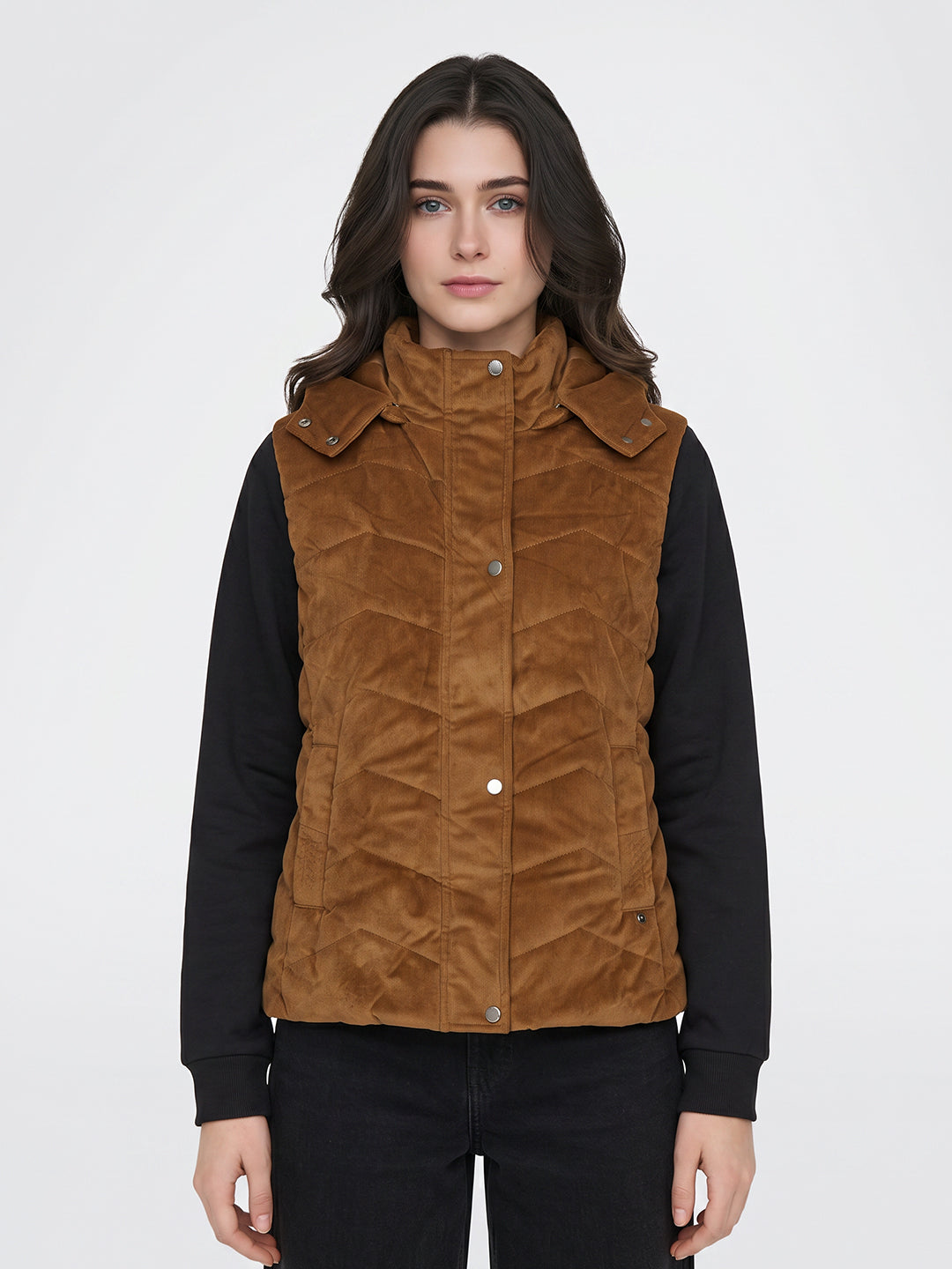 Women Tan Corduroy Detachable Hood Sleeveless Quilted Jacket