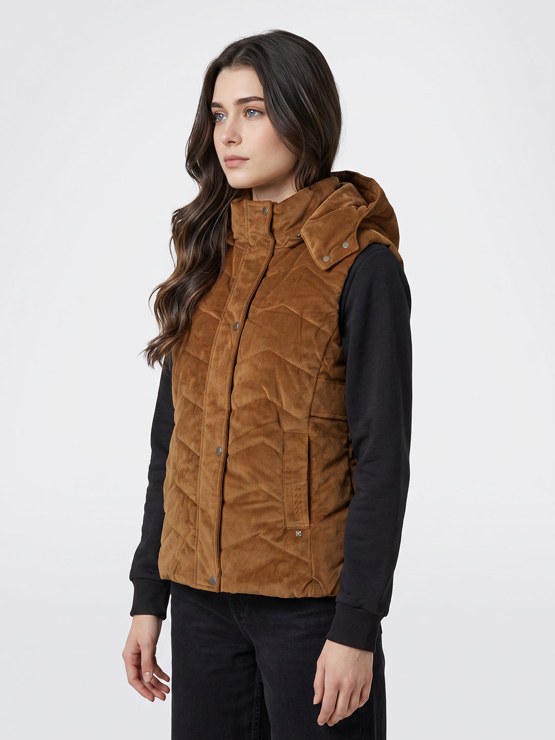 Women Tan Corduroy Detachable Hood Sleeveless Quilted Jacket