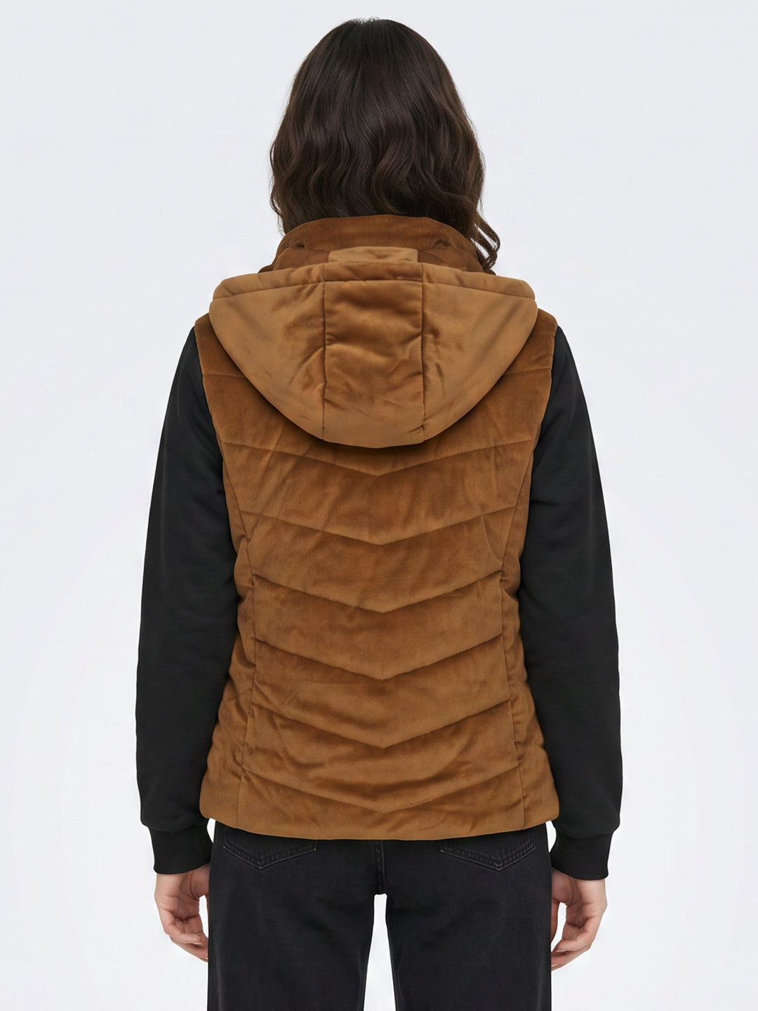 Women Tan Corduroy Detachable Hood Sleeveless Quilted Jacket