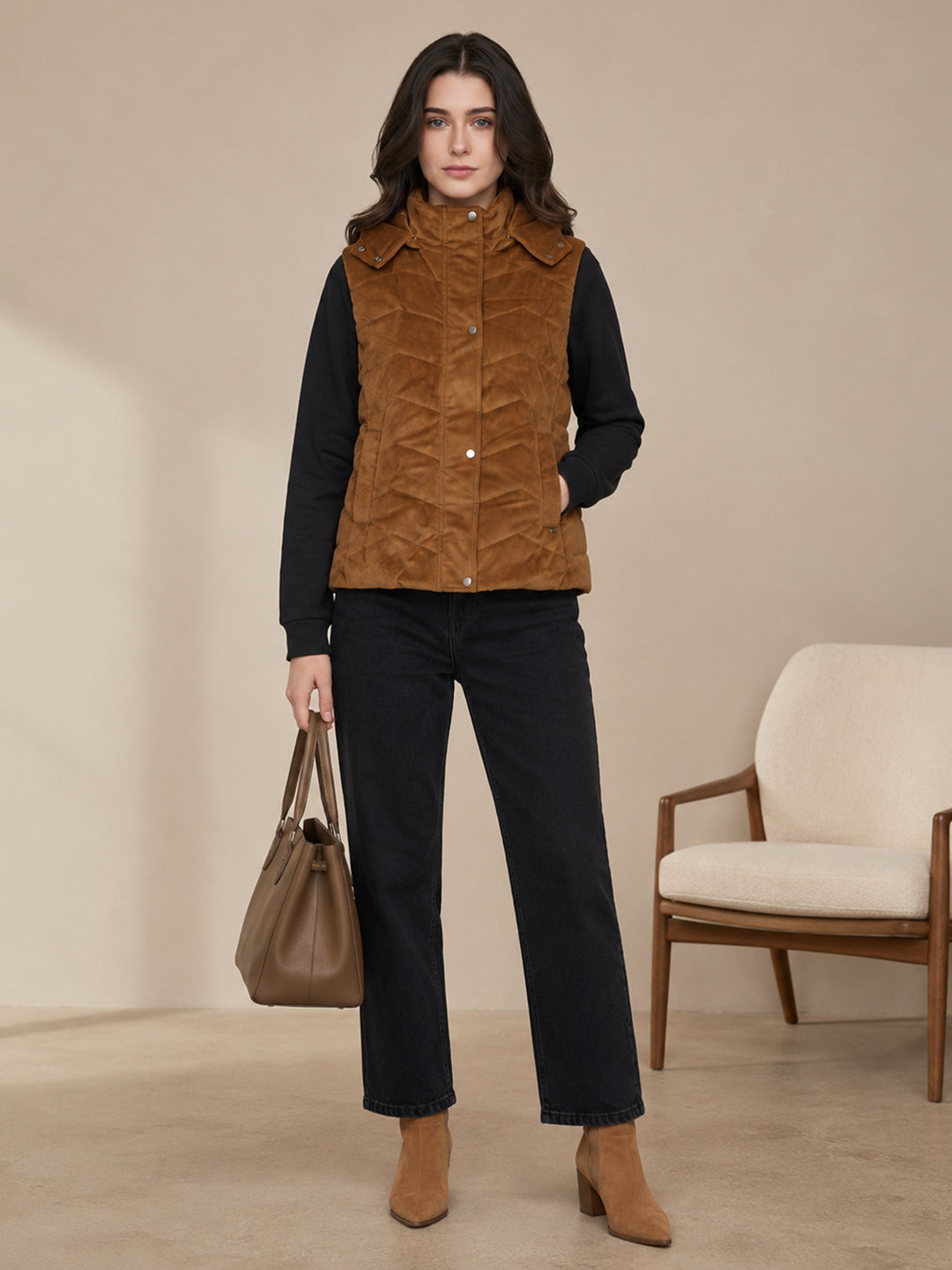 Women Tan Corduroy Detachable Hood Sleeveless Quilted Jacket