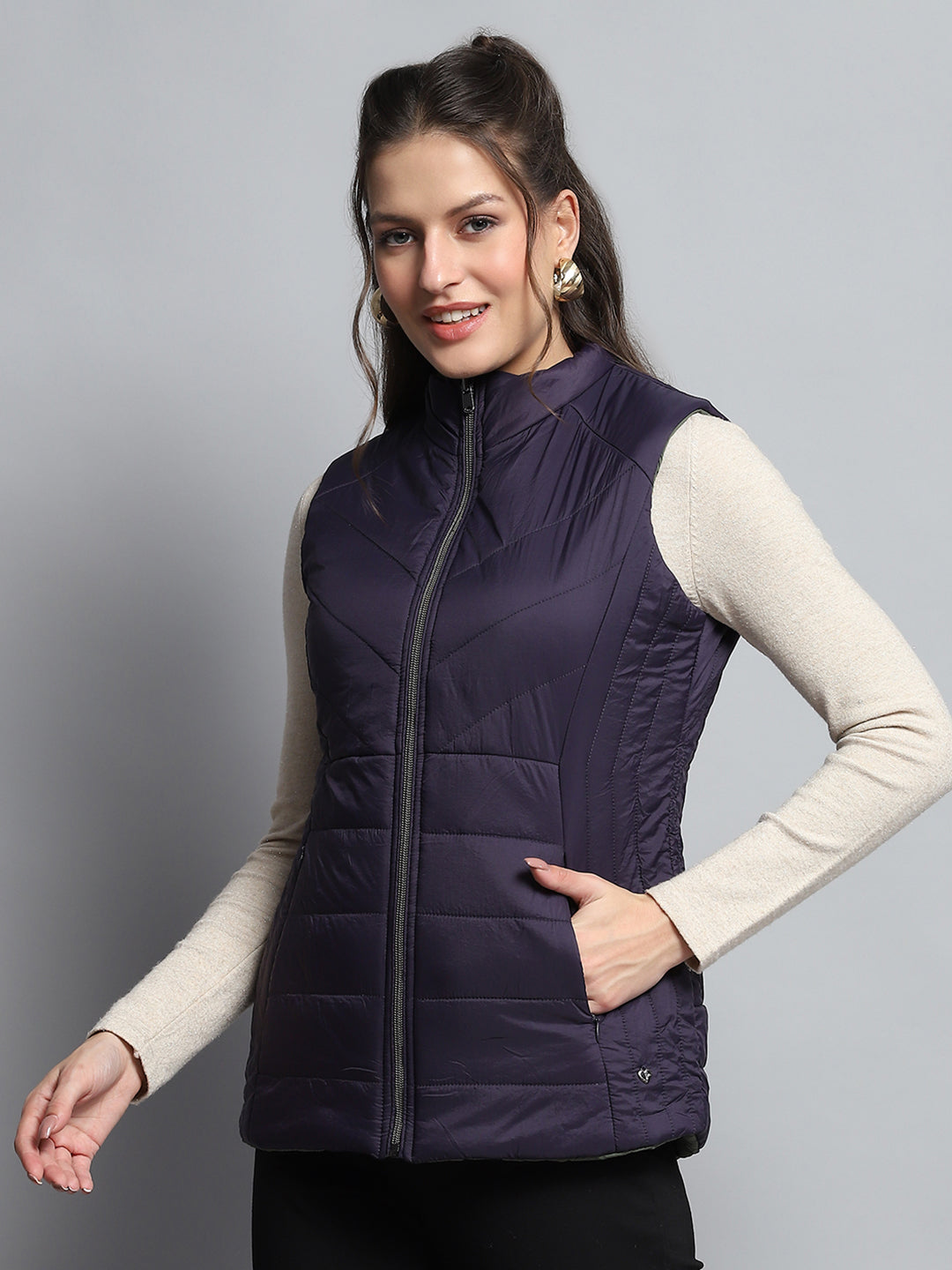 Women Purple Solid Mock Neck Sleeveless Reversible Jacket