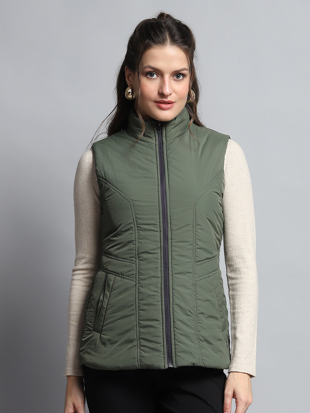 Women Purple Solid Mock Neck Sleeveless Reversible Jacket