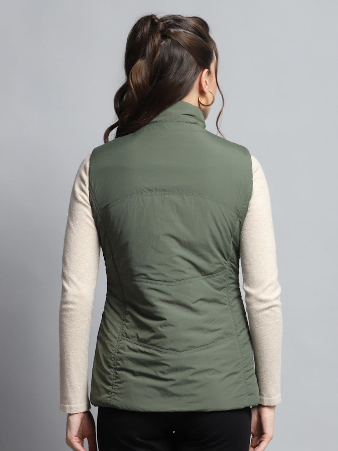 Women Purple Solid Mock Neck Sleeveless Reversible Jacket