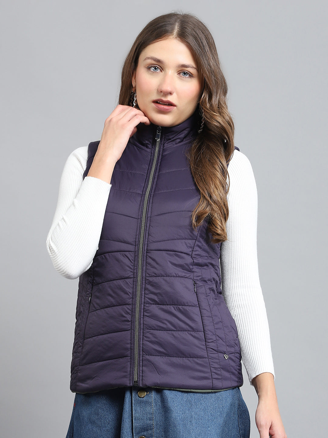 Women Purple Solid Mock Neck Sleeveless Reversible Jacket