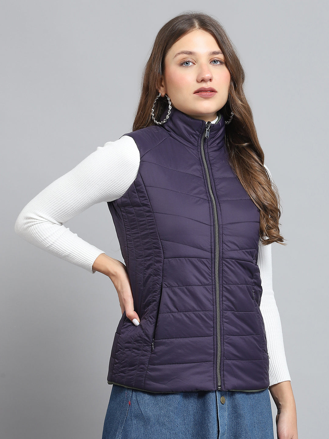 Women Purple Solid Mock Neck Sleeveless Reversible Jacket