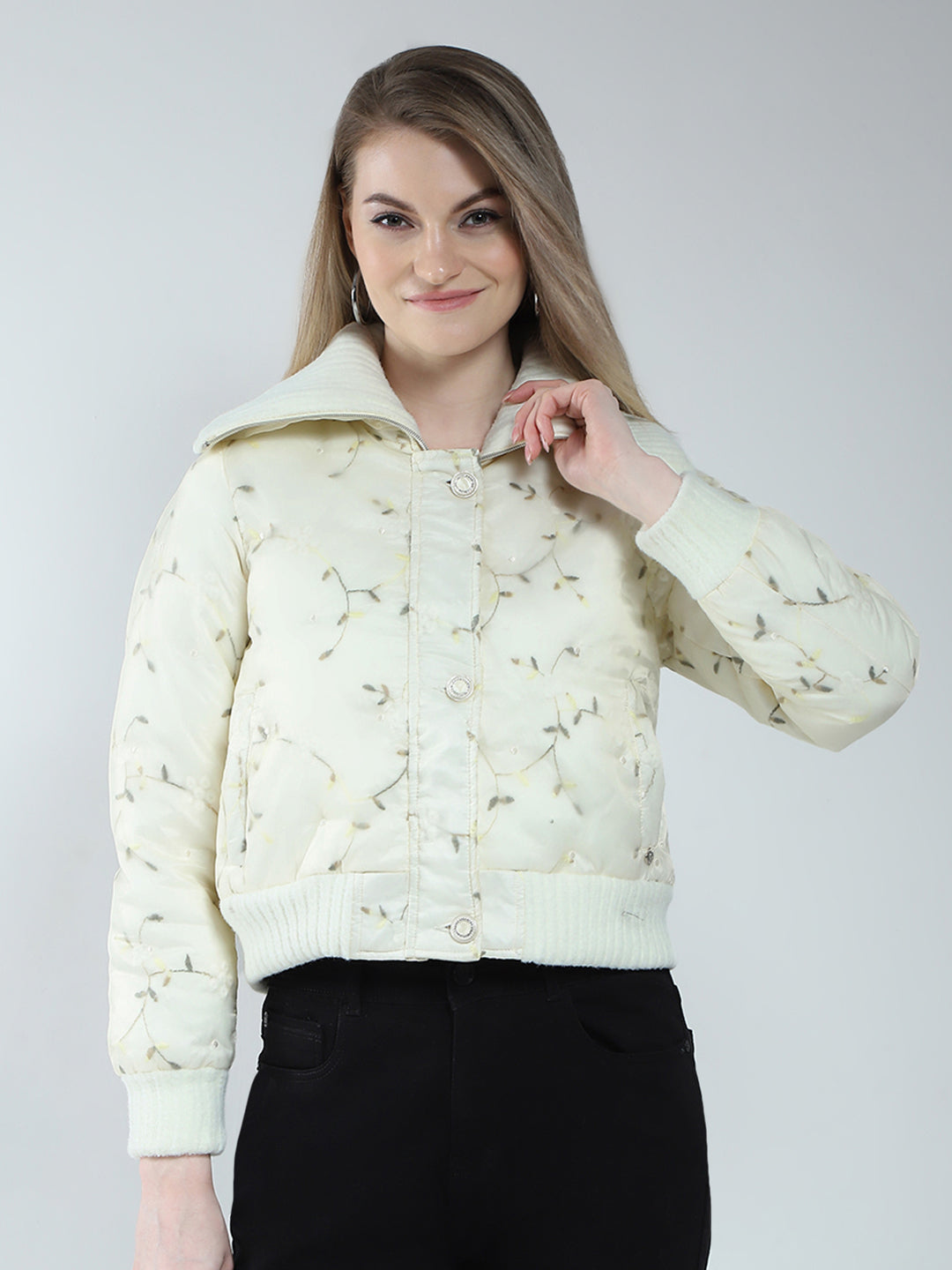 Women Off White Embroidered Collar Full Sleeve Jacket