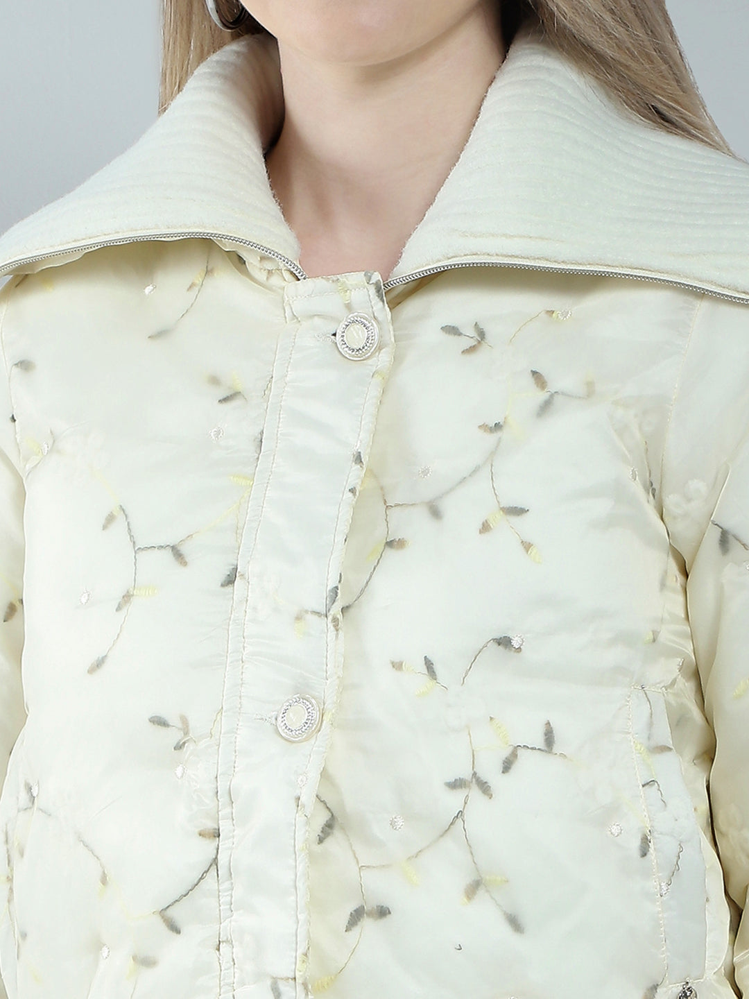 Women Off White Embroidered Collar Full Sleeve Jacket