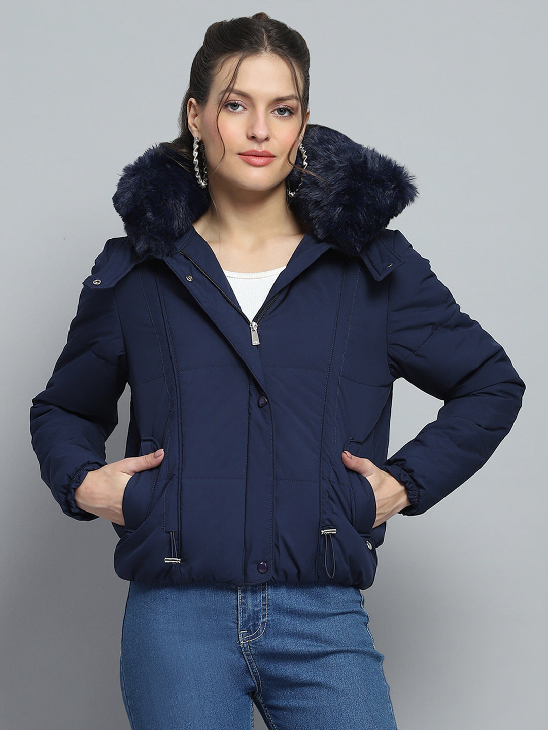 Women Navy Blue Solid Detachable Hood Full Sleeve Jacket