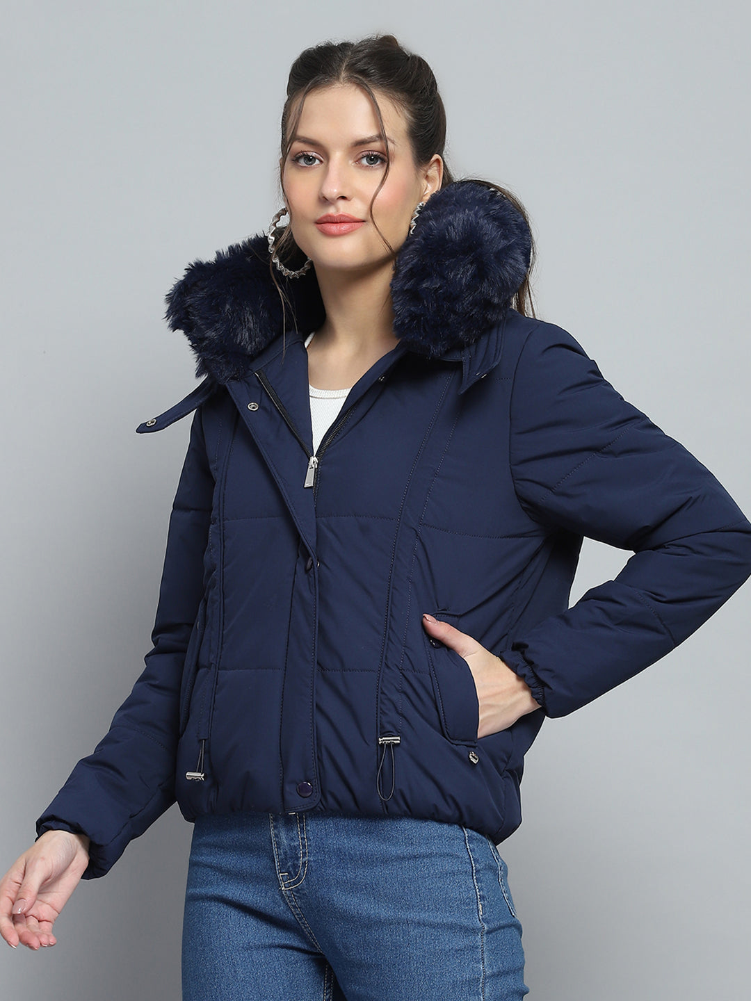 Women Navy Blue Solid Detachable Hood Full Sleeve Jacket