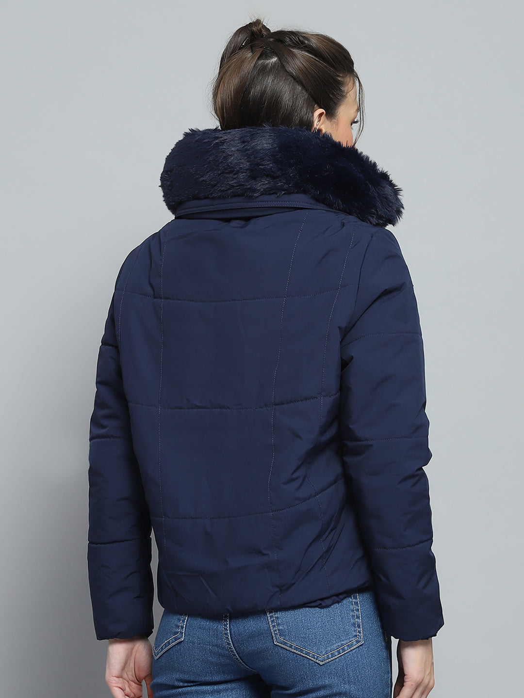 Women Navy Blue Solid Detachable Hood Full Sleeve Jacket