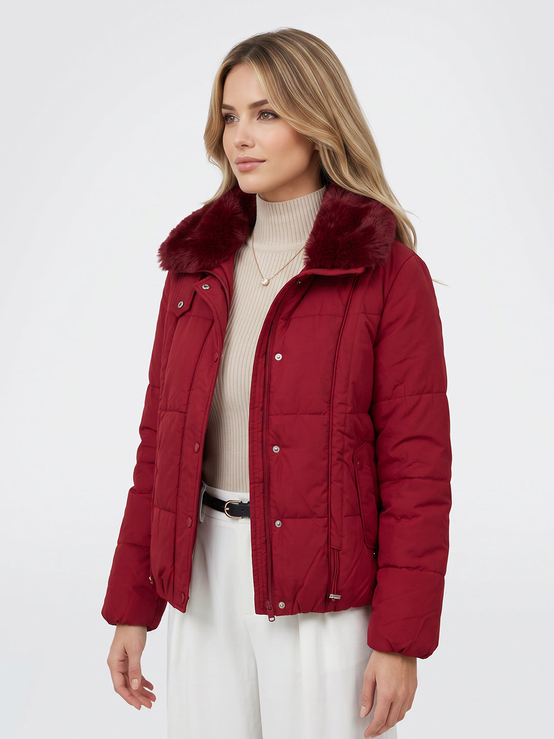 Women Maroon Solid Full Sleeve Jacket with Detachable Fur Collar