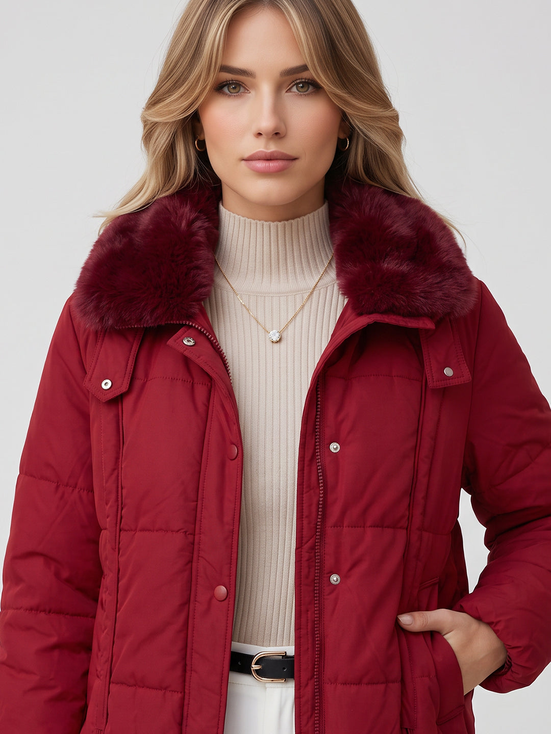 Women Maroon Solid Full Sleeve Jacket with Detachable Fur Collar