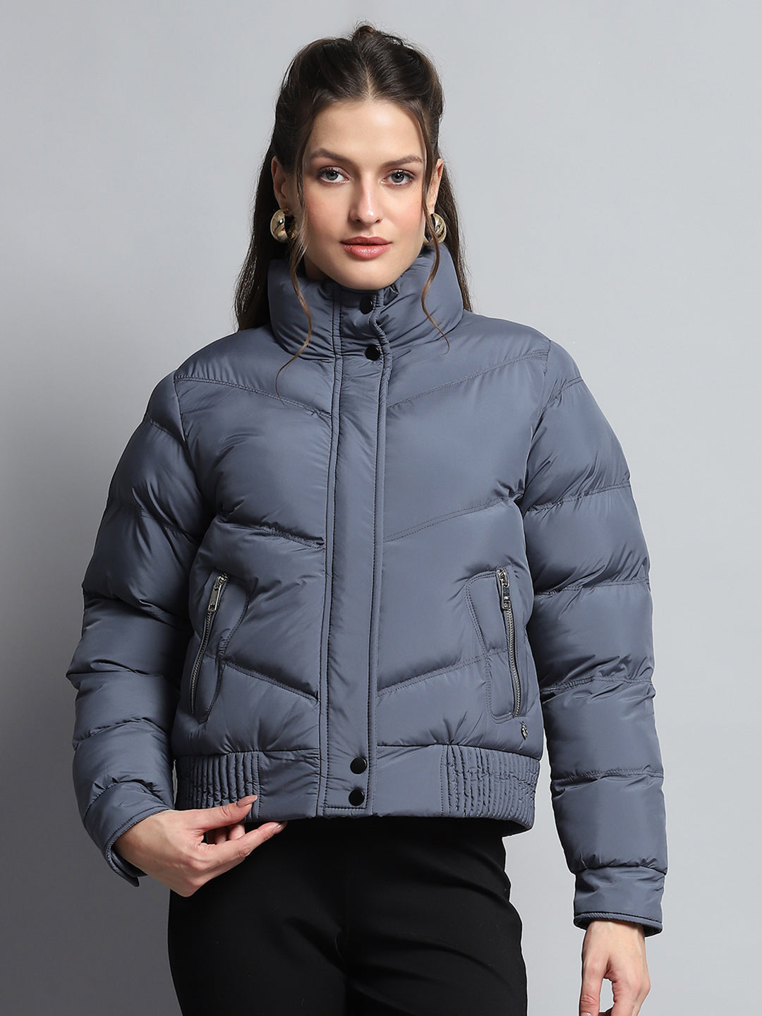 Women Blue Solid Mock Neck Full Sleeve Jacket