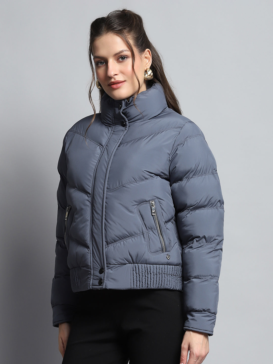 Women Blue Solid Mock Neck Full Sleeve Jacket