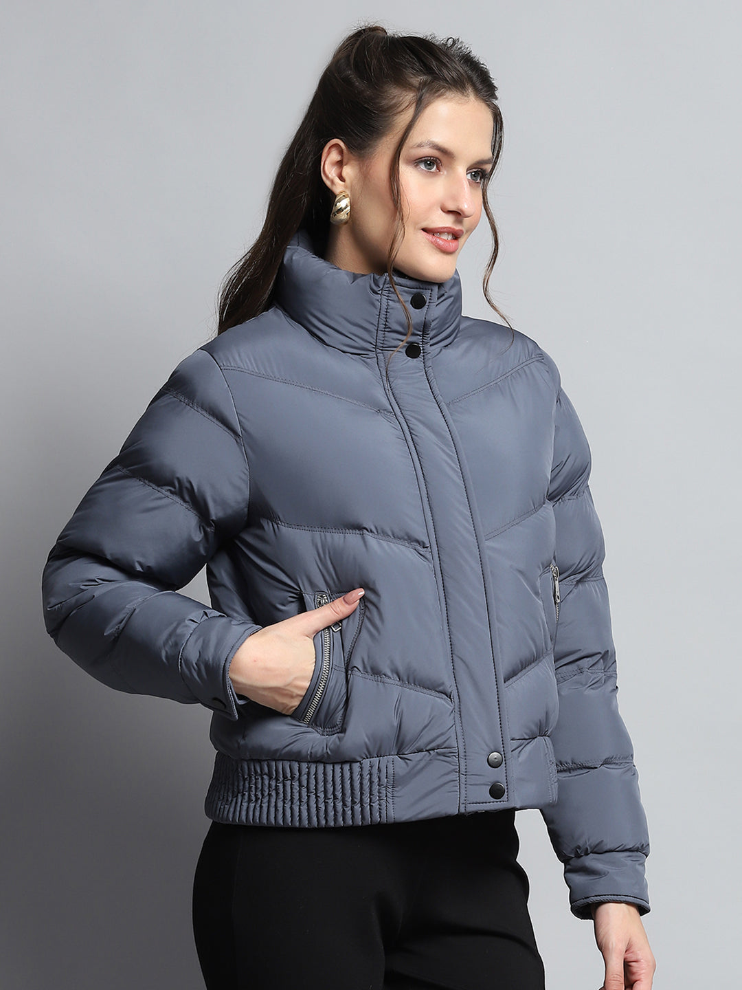 Women Blue Solid Mock Neck Full Sleeve Jacket