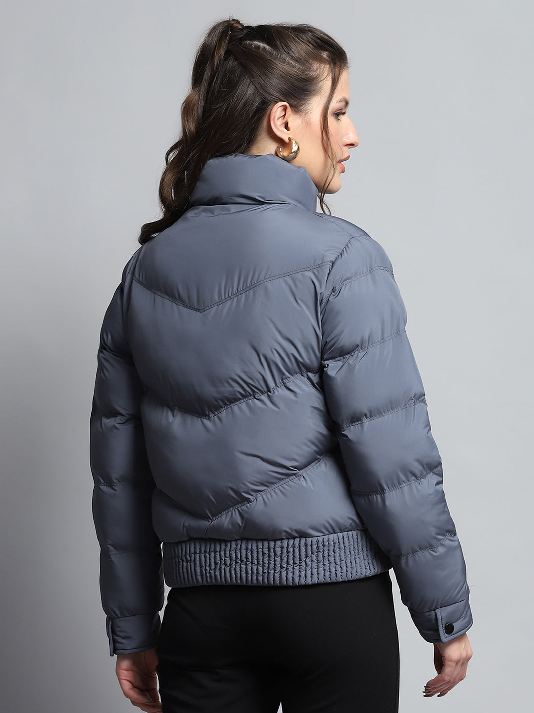 Women Blue Solid Mock Neck Full Sleeve Jacket