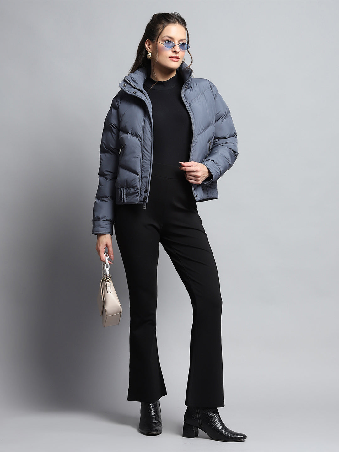 Women Blue Solid Mock Neck Full Sleeve Jacket