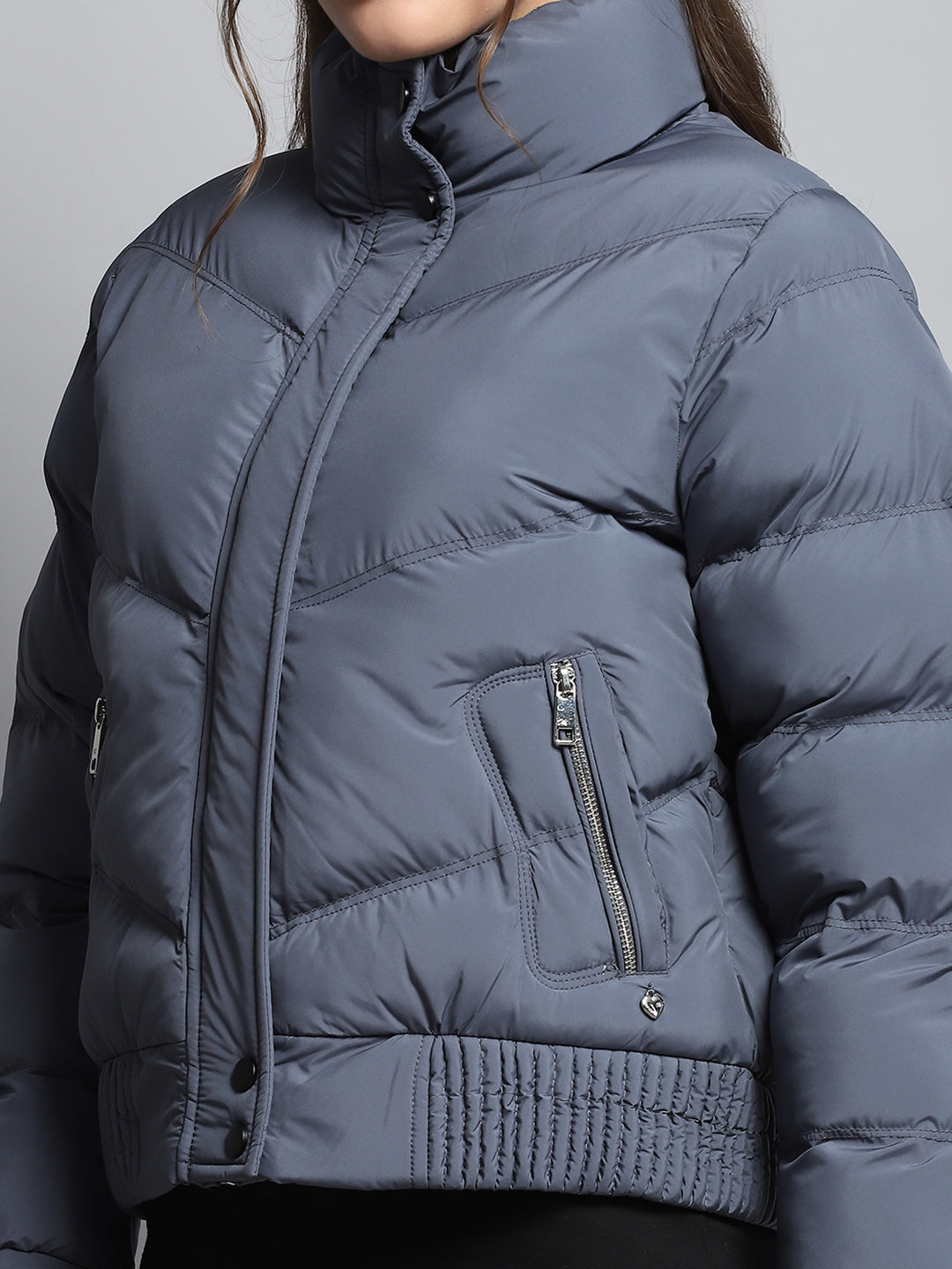 Women Blue Solid Mock Neck Full Sleeve Jacket