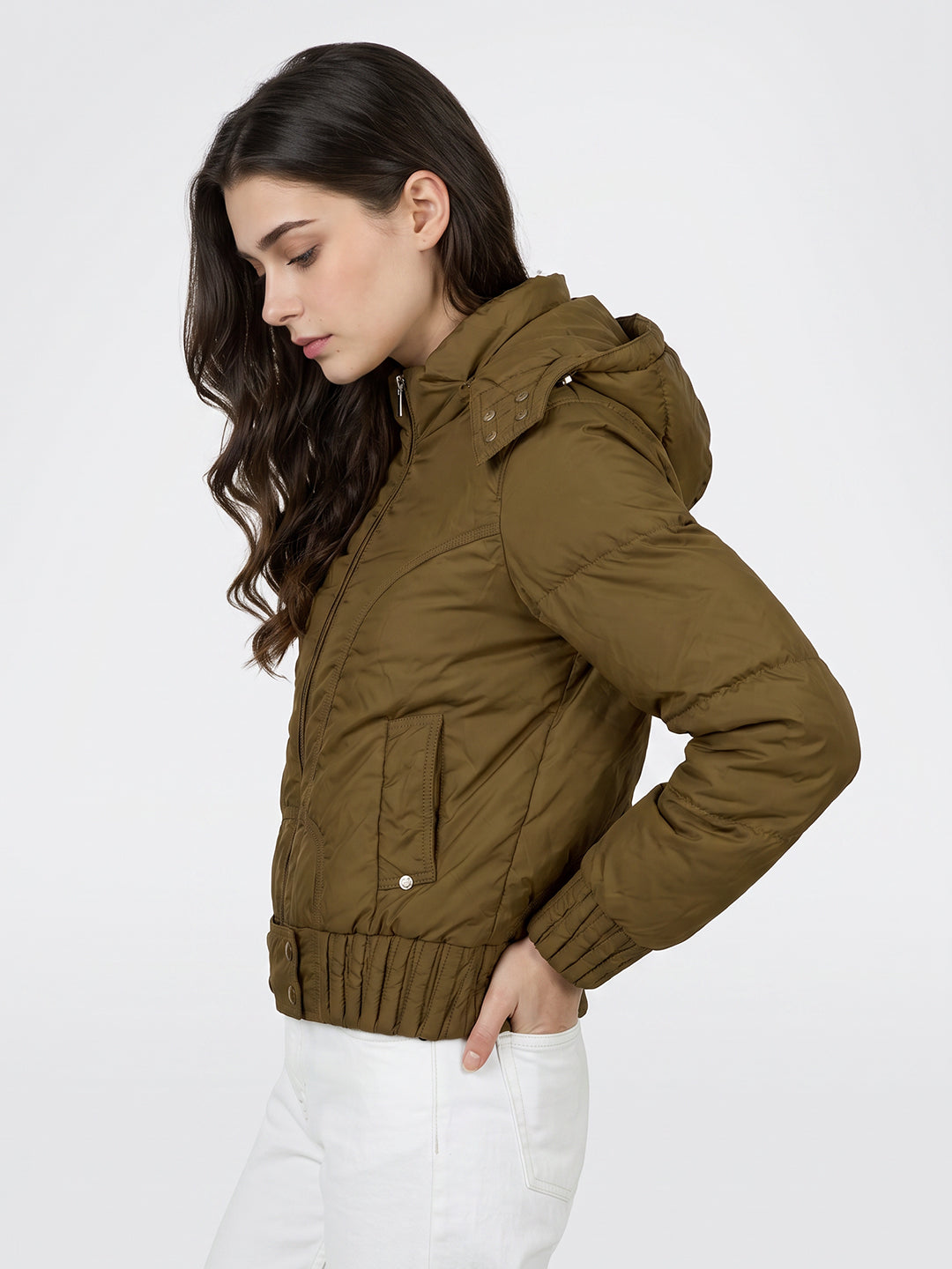 Women Olive Solid Detachable Hood Full Sleeve Puffer Jacket