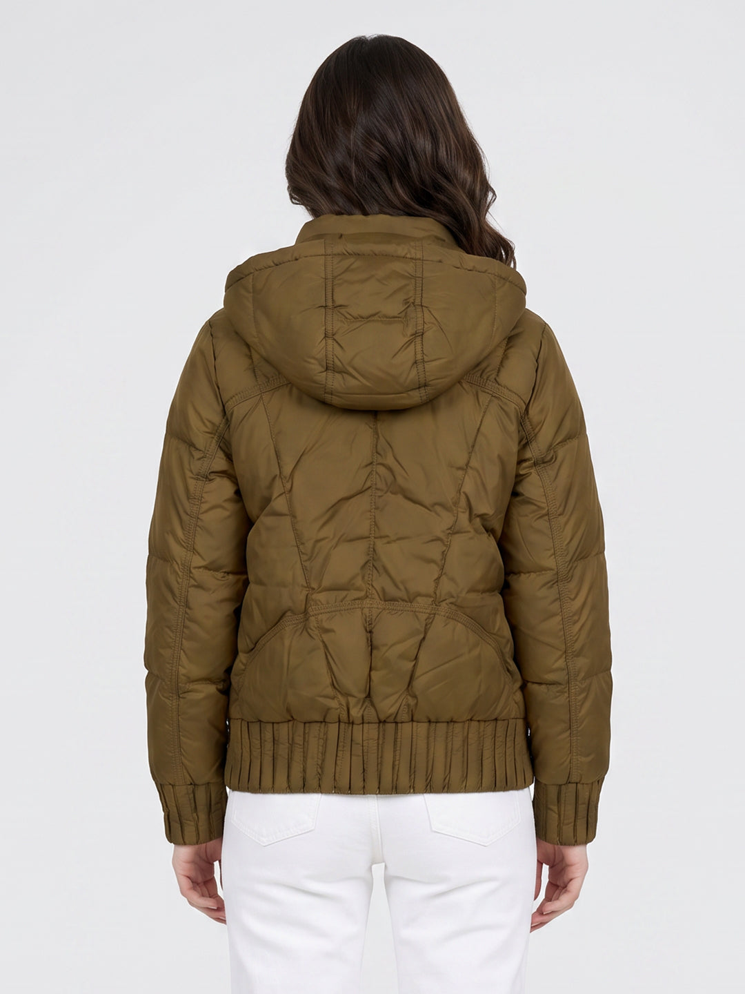 Women Olive Solid Detachable Hood Full Sleeve Puffer Jacket