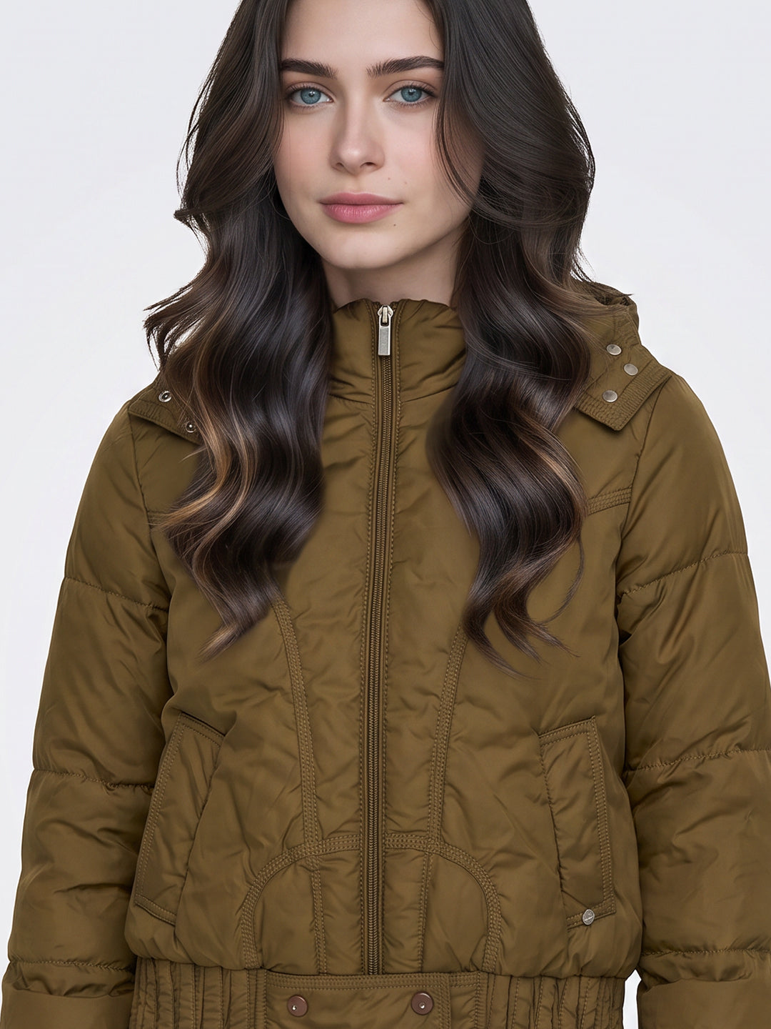 Women Olive Solid Detachable Hood Full Sleeve Puffer Jacket