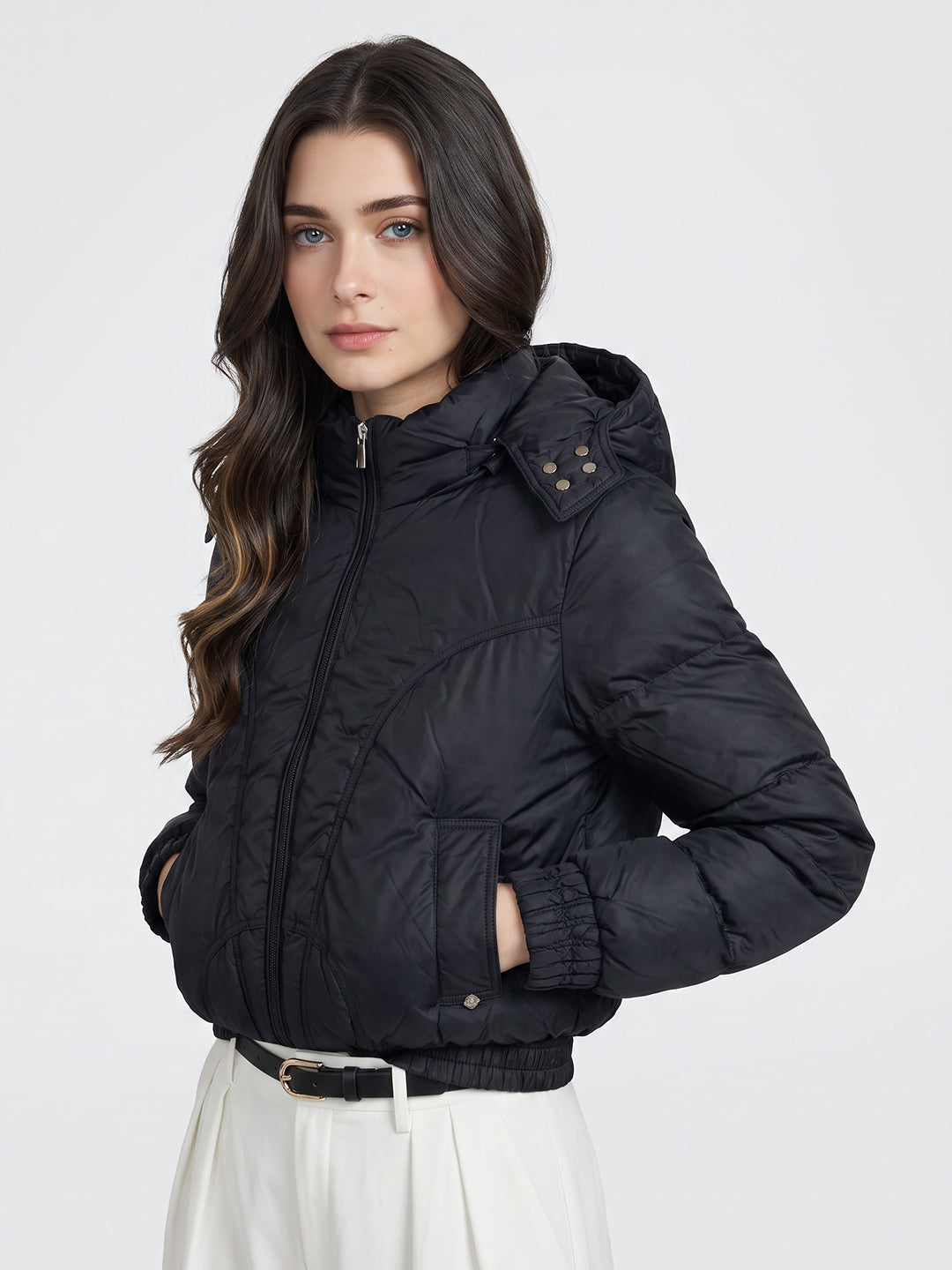Women Navy Blue Solid Detachable Hood Full Sleeve Puffer Jacket