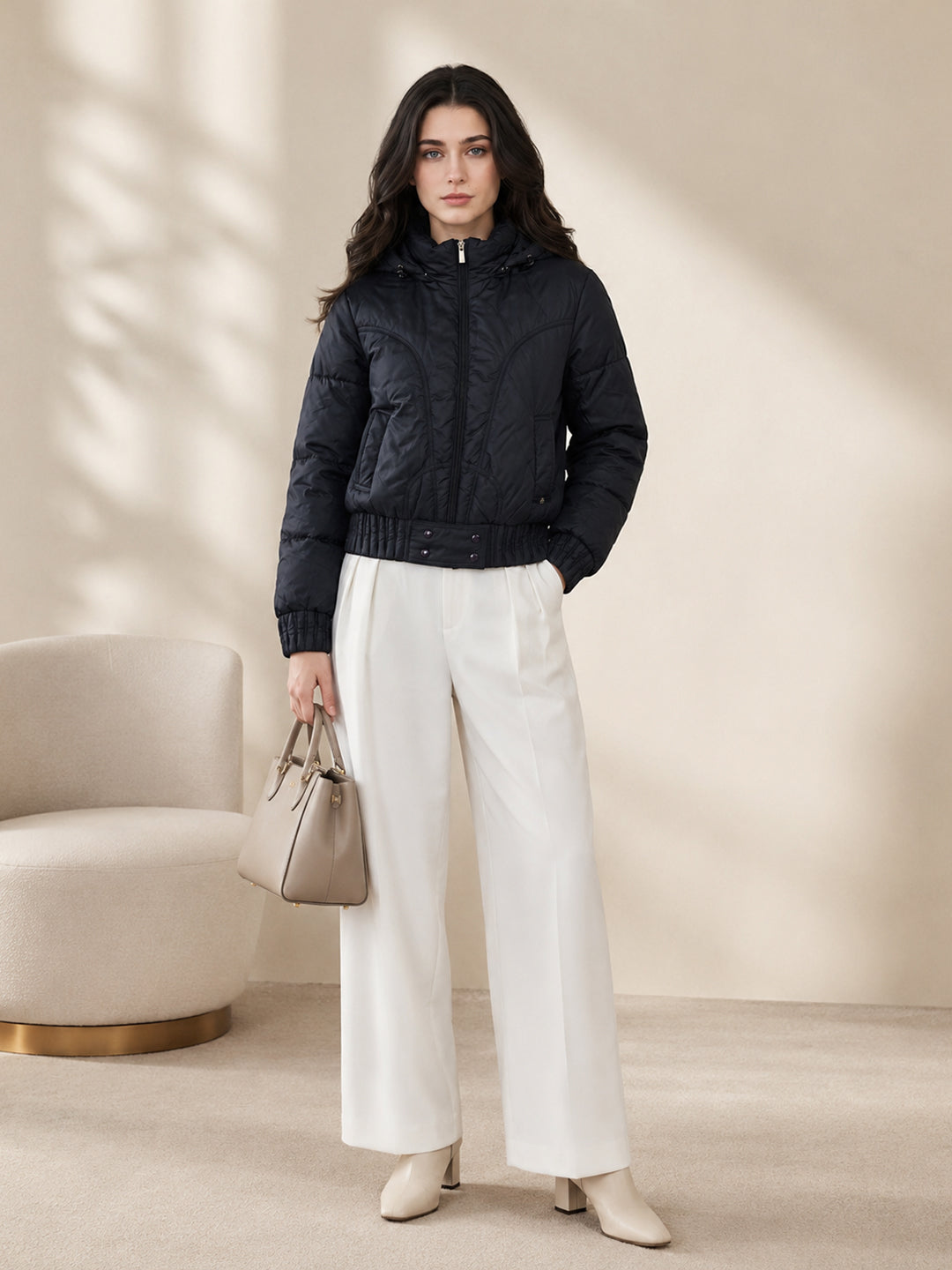 Women Navy Blue Solid Detachable Hood Full Sleeve Puffer Jacket