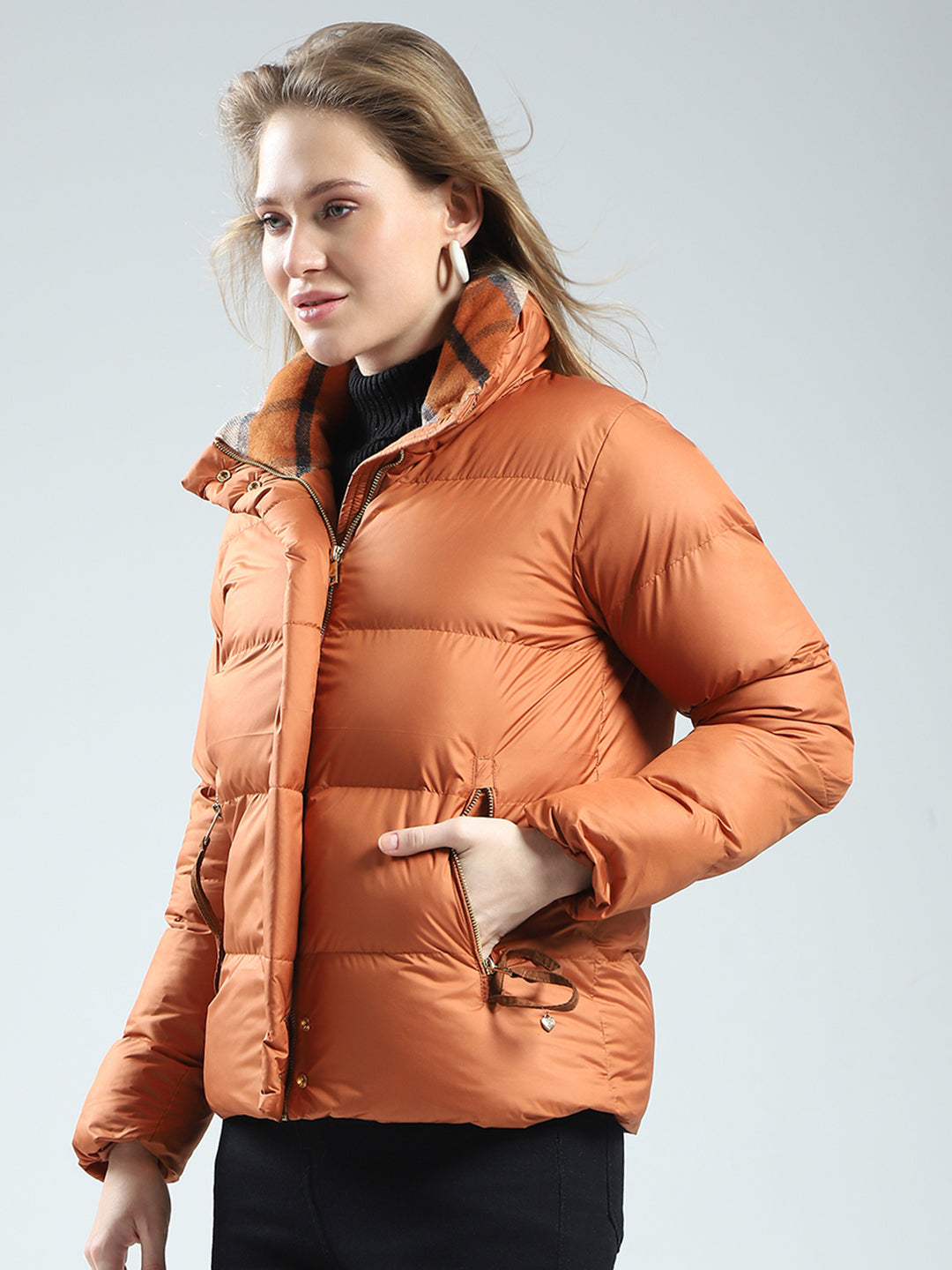 Women Rust Solid Mock Neck Full Sleeve Jacket