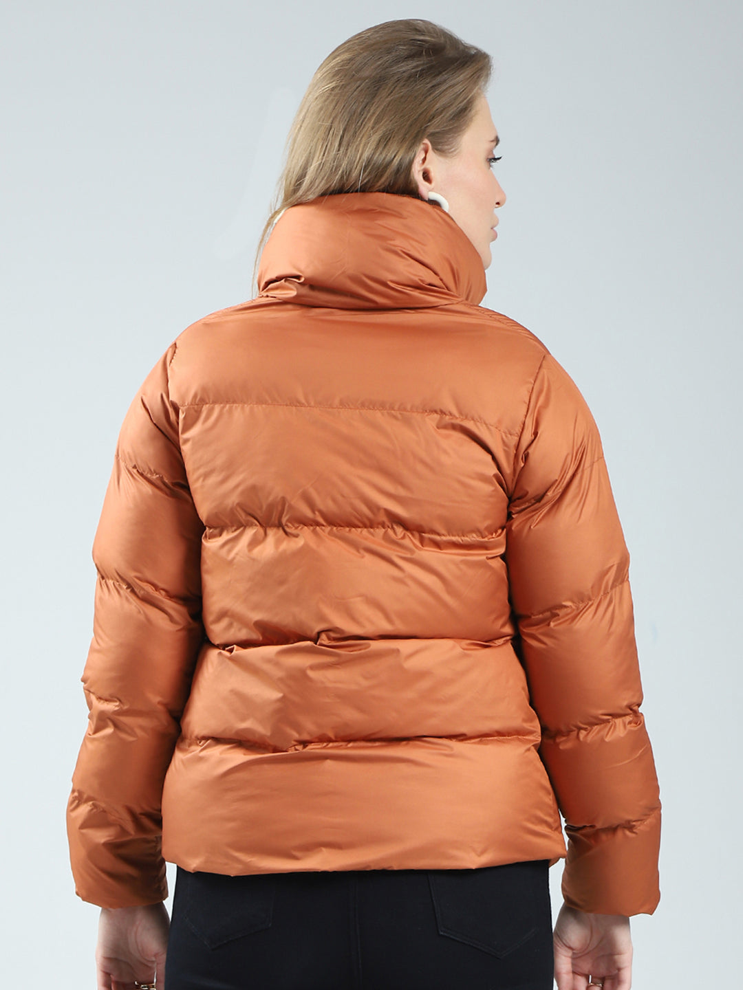 Women Rust Solid Mock Neck Full Sleeve Jacket