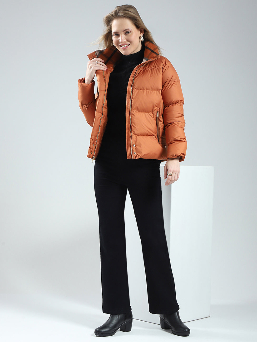 Women Rust Solid Mock Neck Full Sleeve Jacket